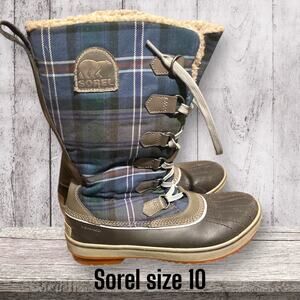 Sorel Tivoli Boots Blue Plaid Women's Size 9 Fleece Line Waterproof Winter Snow